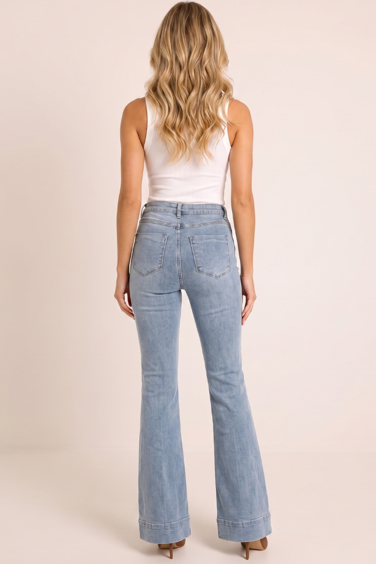 Light Blue Stretch Denim Mid Waist Flared Jeans - Khyla