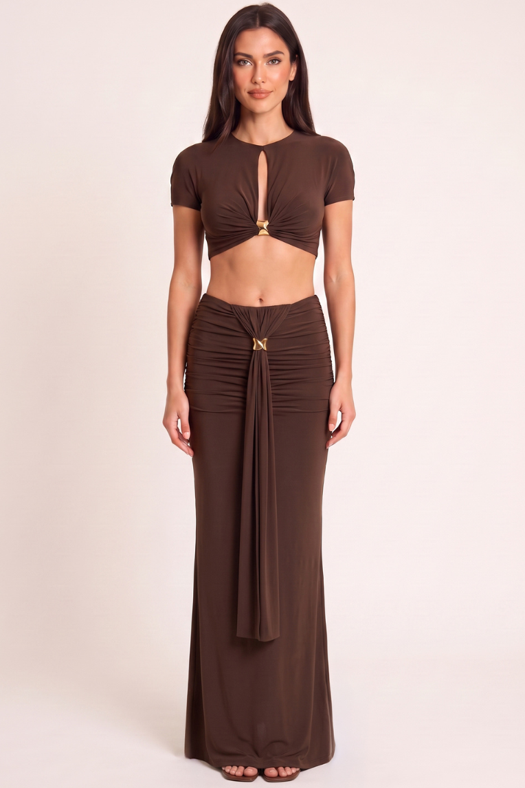 Chocolate Slinky Trim Crop Top and Maxi Skirt Co-Ord Set - Ivy