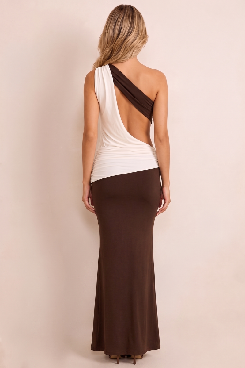 Chocolate Cut Out One Shoulder Maxi Dress - Elda