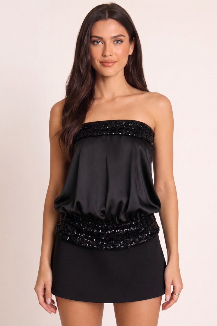 Black Satin Sequin Detail Bandeau Top - Michaela