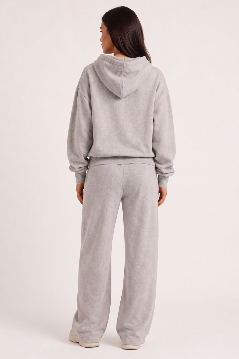 Bleach Grey Acid Wash Applique Hoodie & Wide Leg Jogger Co-ord Set - Esmae