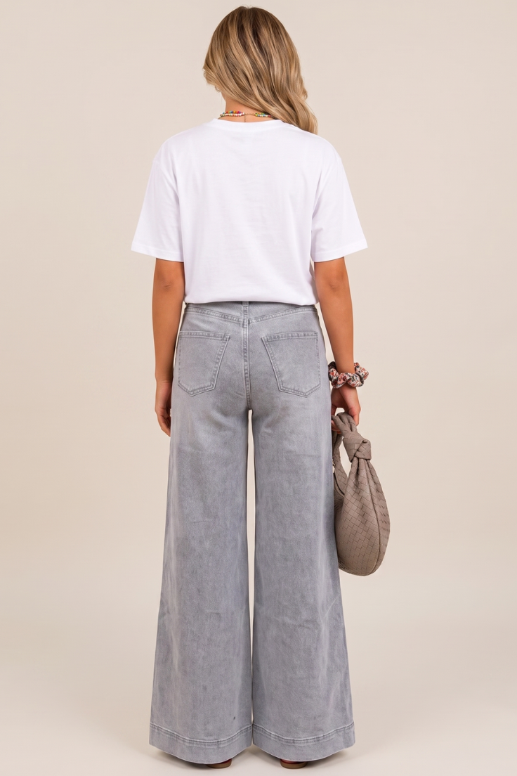 Grey Stretch Denim High Waist Pintuck Wide Leg Jeans - Sady