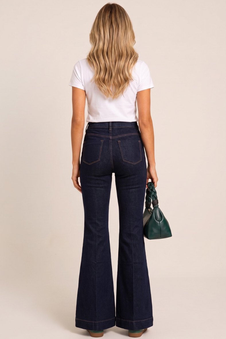 Indigo Stretch Denim Mid Waist Flared Jeans - Khyla