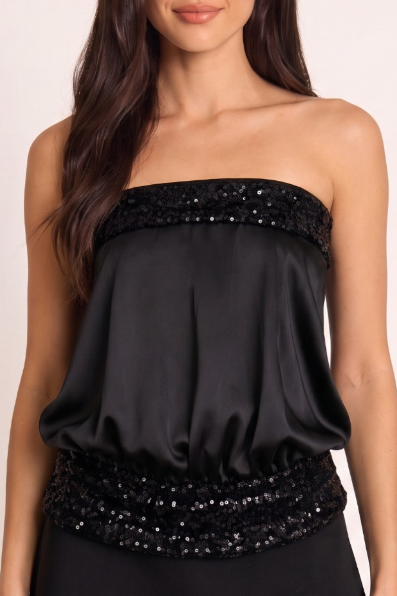 Black Satin Sequin Detail Bandeau Top - Michaela