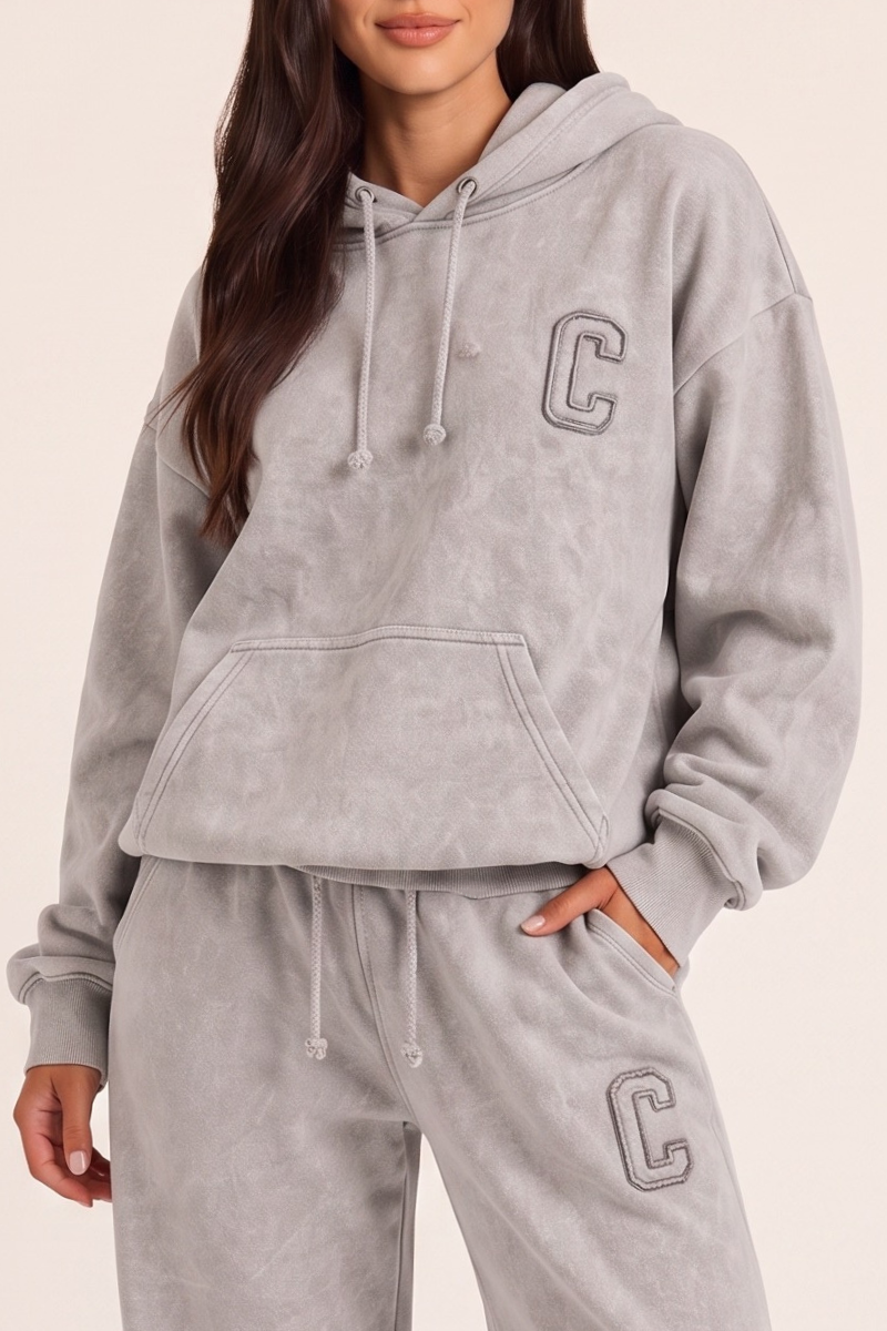 Bleach Grey Acid Wash Applique Hoodie & Wide Leg Jogger Co-ord Set - Esmae
