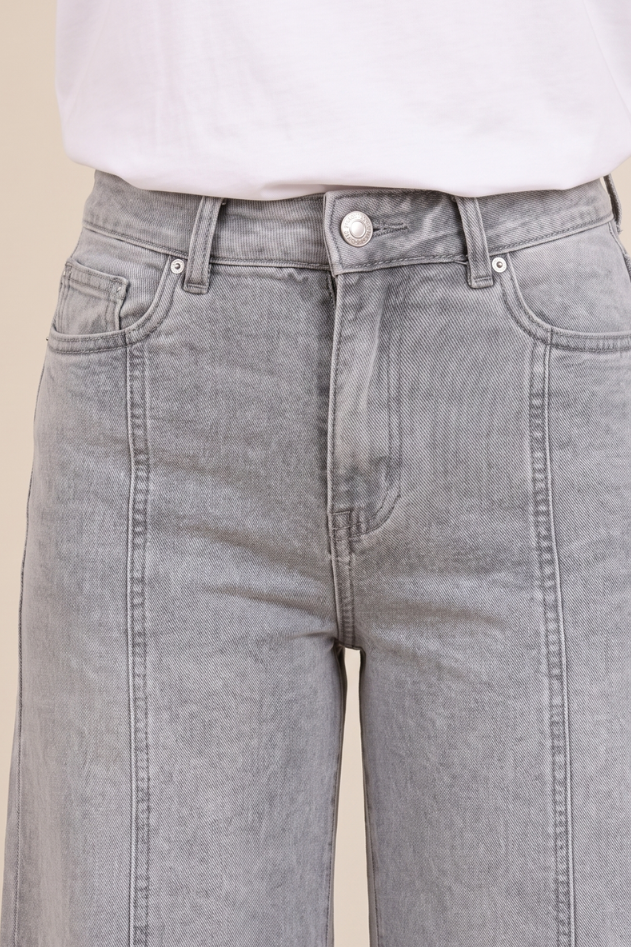 Grey Stretch Denim High Waist Pintuck Wide Leg Jeans - Sady