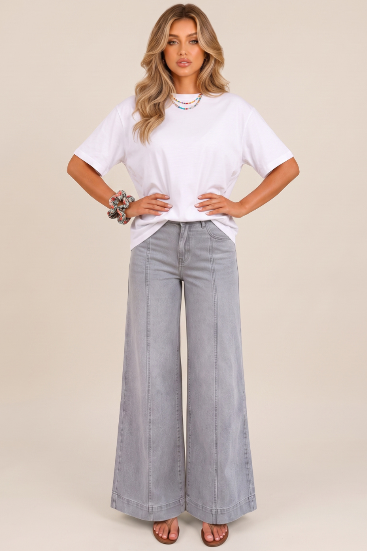 Grey Stretch Denim High Waist Pintuck Wide Leg Jeans - Sady