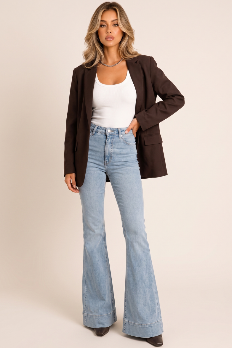 Light Blue Stretch Denim Mid Waist Flared Jeans - Khyla
