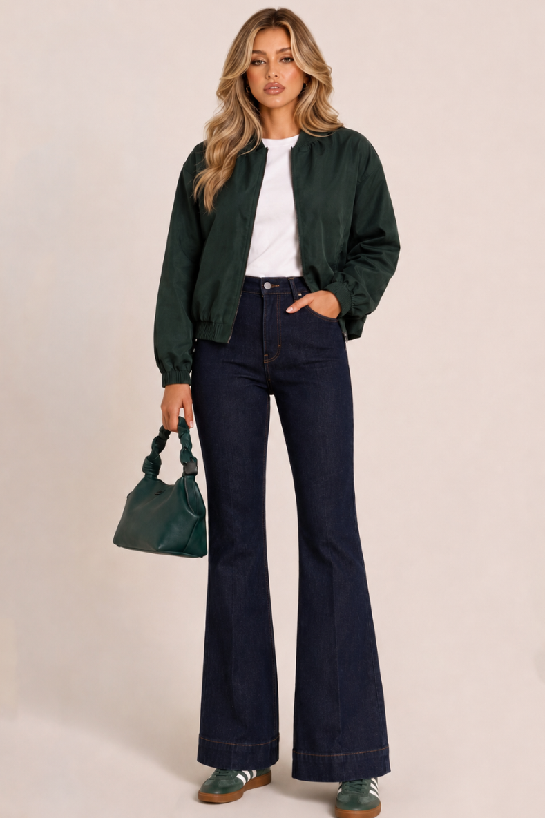 Indigo Stretch Denim Mid Waist Flared Jeans - Khyla