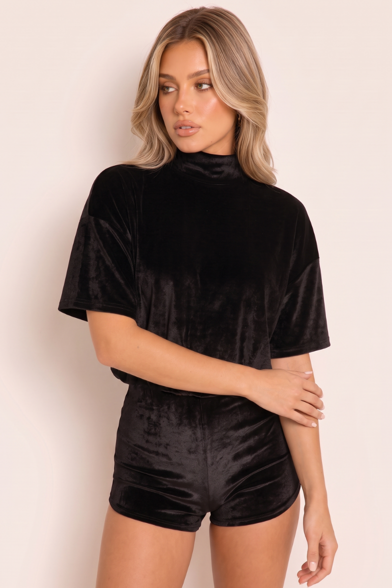 Black Velvet Open Back Micro Playsuit - Whitney