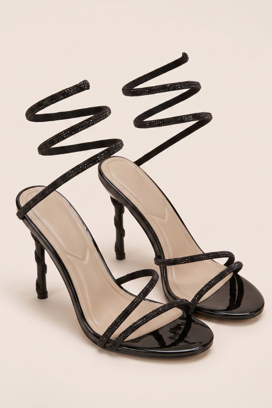 Black Diamante Detail Wrap Up Strappy Heels - Charlia