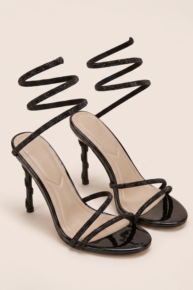 Black Diamante Detail Wrap Up Strappy Heels - Charlia