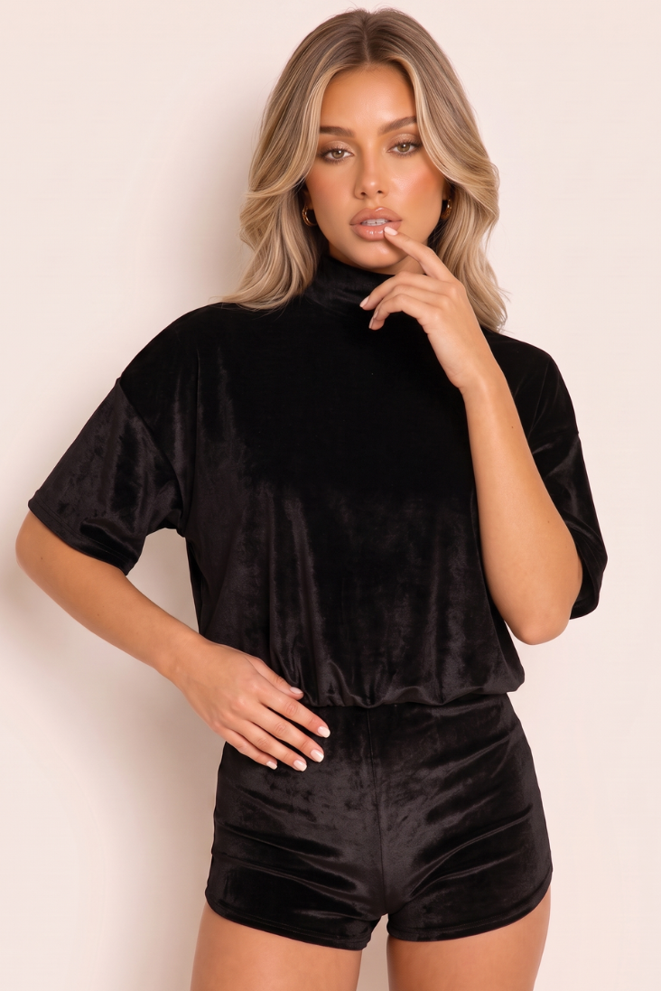 Black Velvet Open Back Micro Playsuit - Whitney