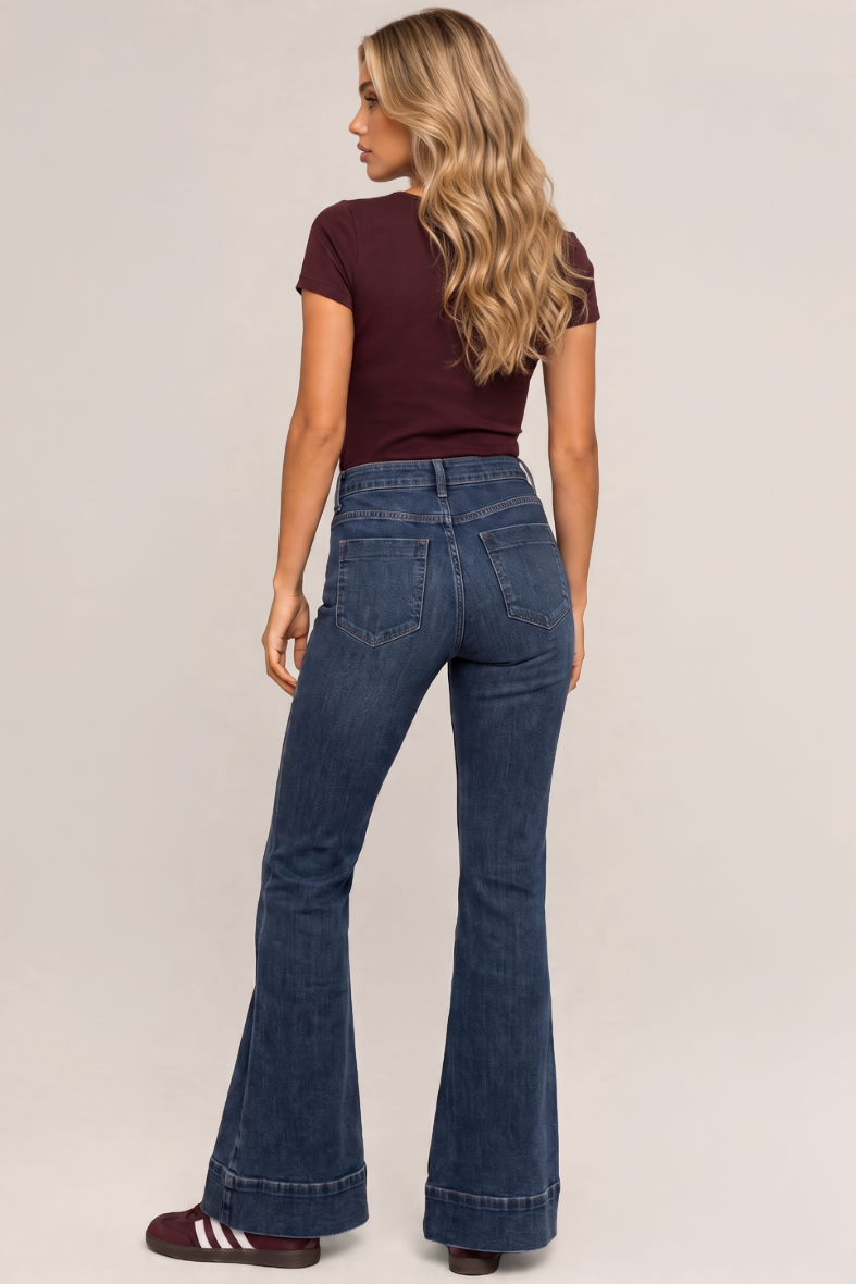 Indigo Vintage Stretch Denim Mid Waist Flared Jeans - Khyla