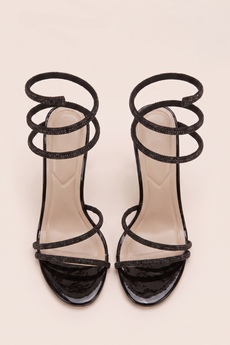 Black Diamante Detail Wrap Up Strappy Heels - Charlia