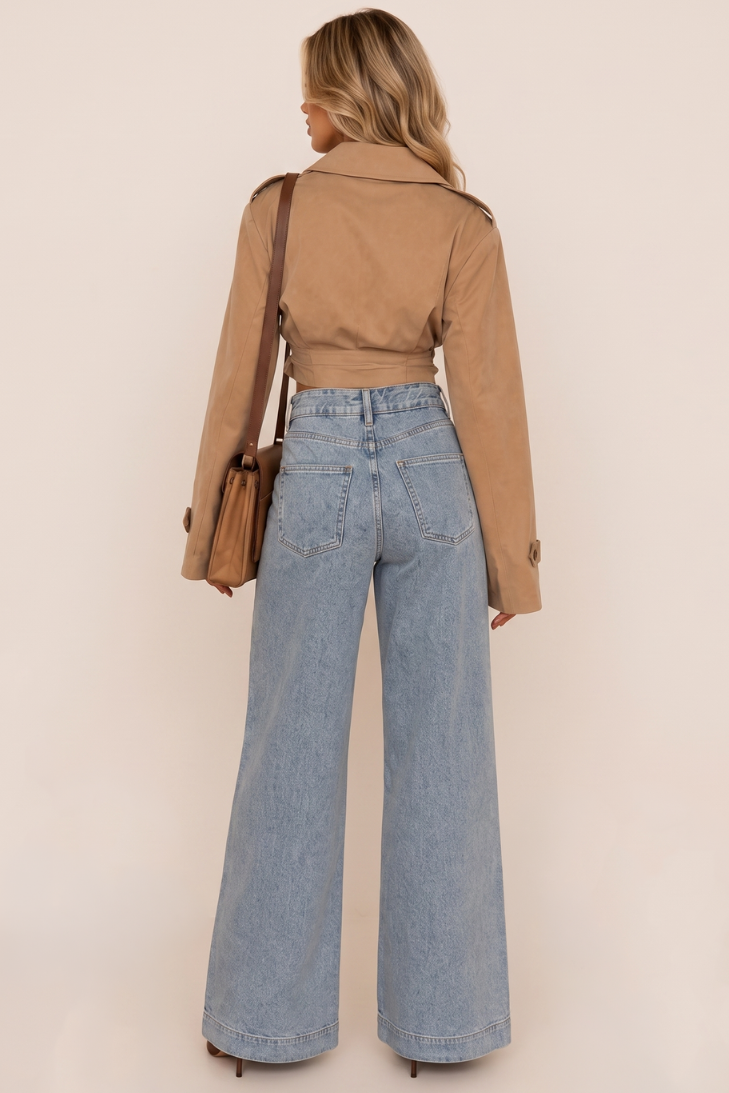 Light Blue Stretch Denim High Waist Pintuck Wide Leg Jeans - Sady