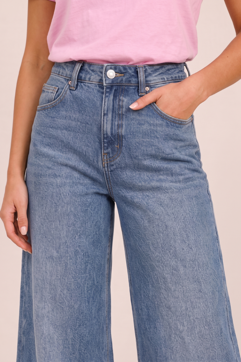 Mid Blue Mid Waist Stretch Denim Turn Up Wide Leg Jeans - Sharlene