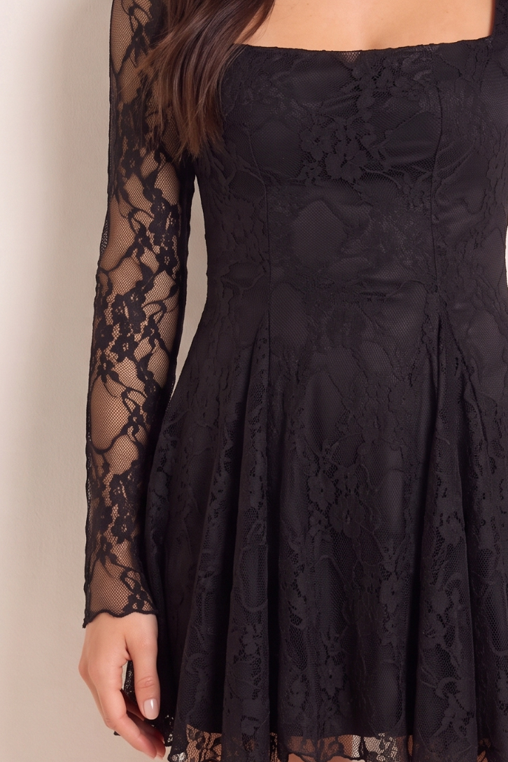 Black Lace Godet Detail Long Sleeve Mini Dress - Calliope