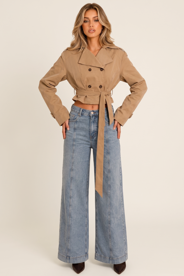 Light Blue Stretch Denim High Waist Pintuck Wide Leg Jeans - Sady