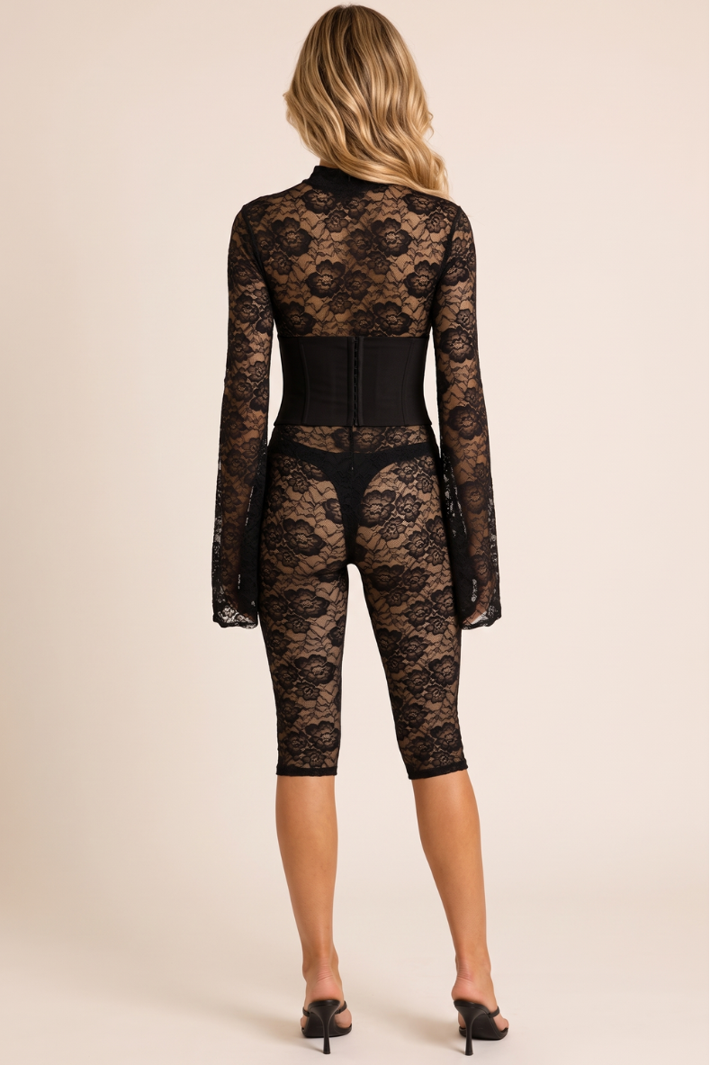 Black Sheer Lace Keyhole Corset Detail Capri Jumpsuit - Estella