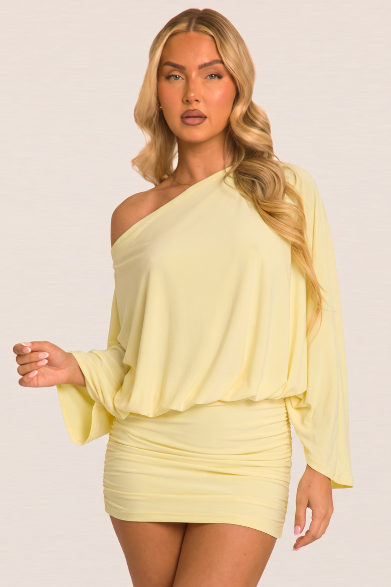 Butter Yellow Asymmetric Batwing Mini Dress - Neema