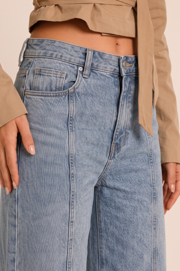 Light Blue Stretch Denim High Waist Pintuck Wide Leg Jeans - Sady