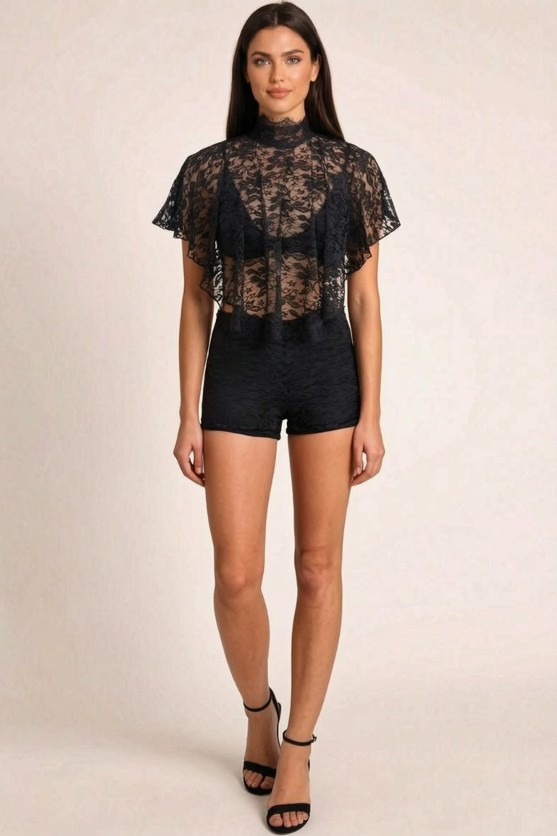 Black Lace Cape Top and Shorts Co-ord Set - Audrey