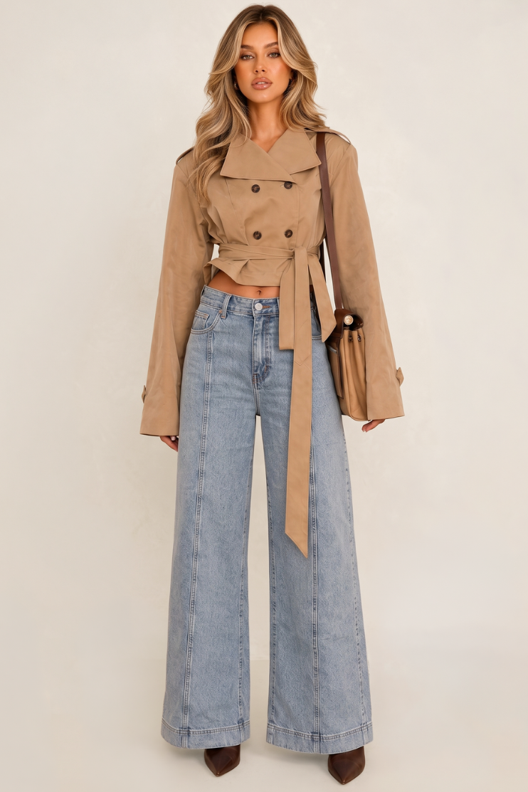 Light Blue Stretch Denim High Waist Pintuck Wide Leg Jeans - Sady