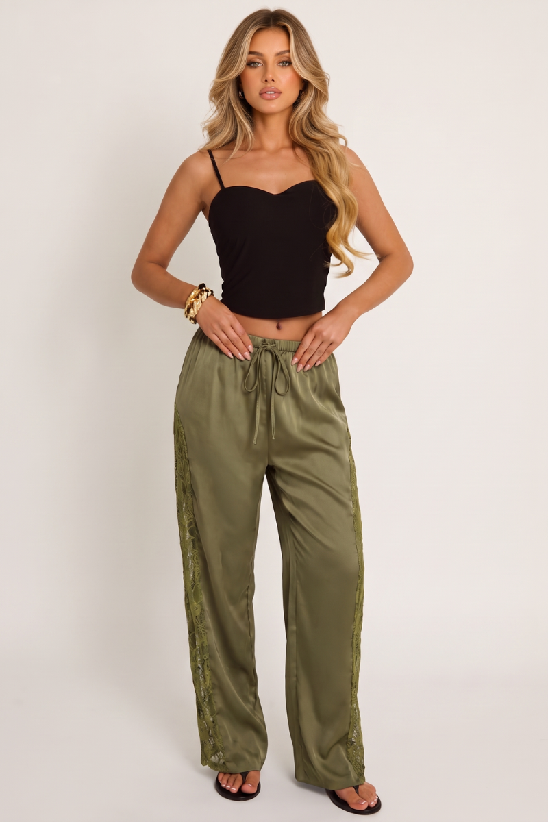 Khaki Lace Satin Trousers - Suzie