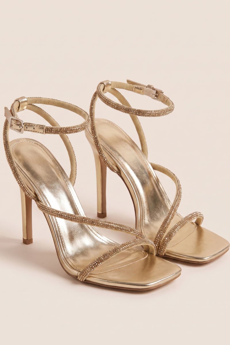 Gold Diamante Detail Strappy Heels - Damika