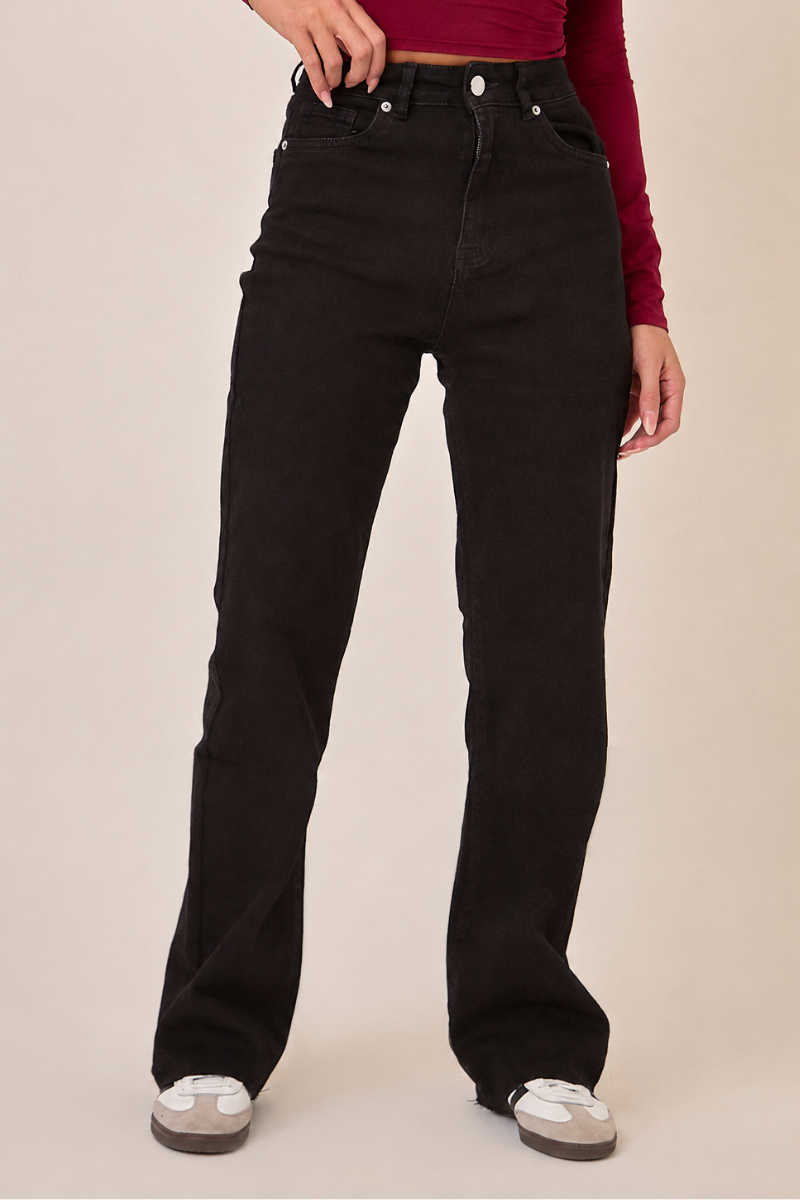 Black Stretch Frayed Hem Straight Leg Jeans - Scarlett