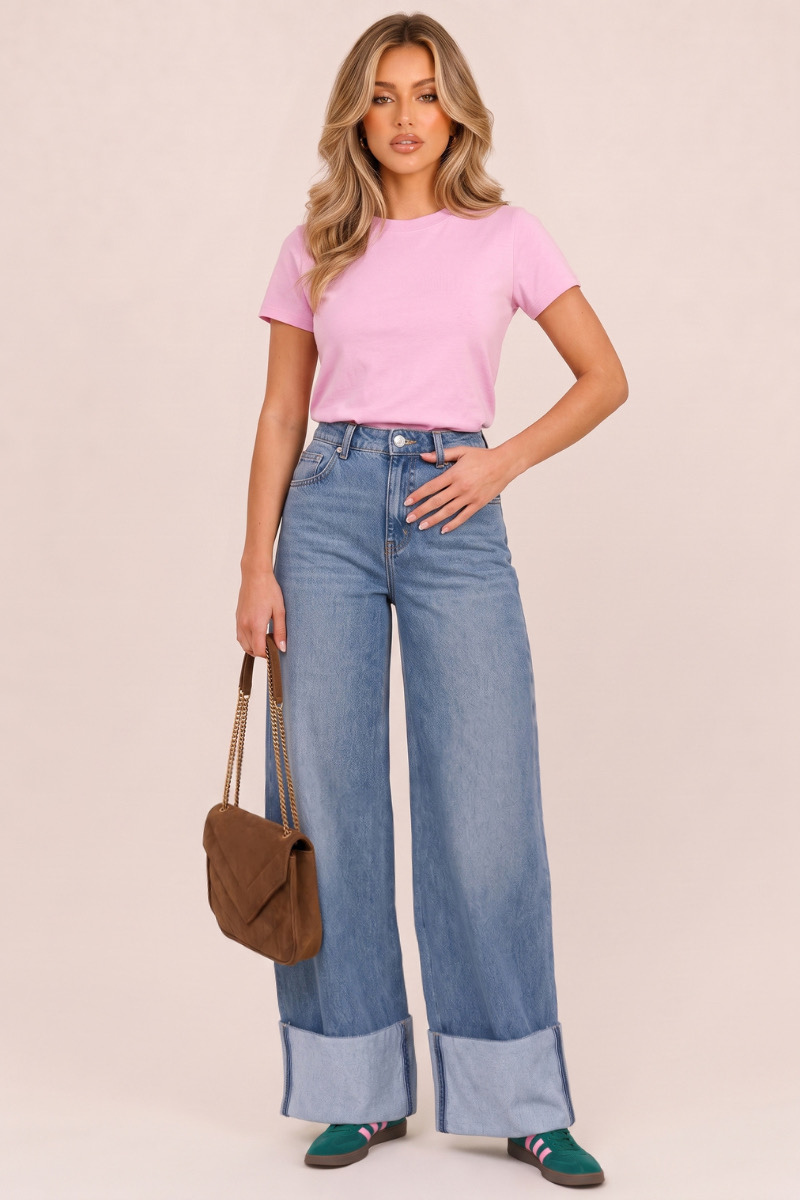 Mid Blue Mid Waist Stretch Denim Turn Up Wide Leg Jeans - Sharlene