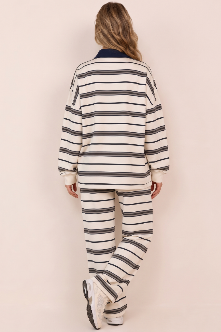 Cream Stripe Button Front Long Sleeve Collared Jumper and Jogger Loungewear Co-ord Set - Theresa