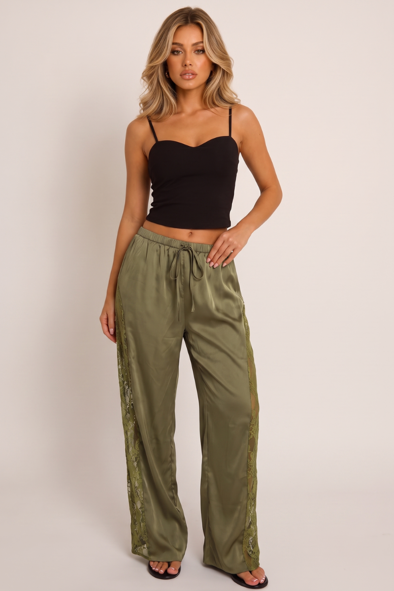 Khaki Lace Satin Trousers - Suzie