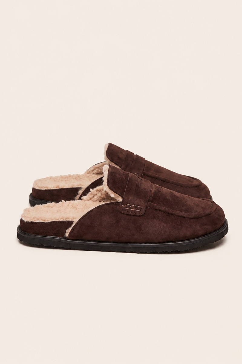 Chocolate Faux Suede Faux Fur Lined Loafer Mules - Brynn