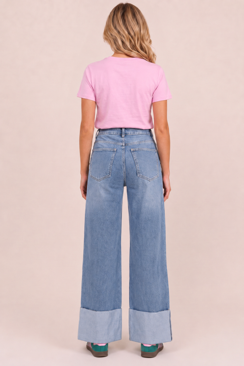 Mid Blue Mid Waist Stretch Denim Turn Up Wide Leg Jeans - Sharlene