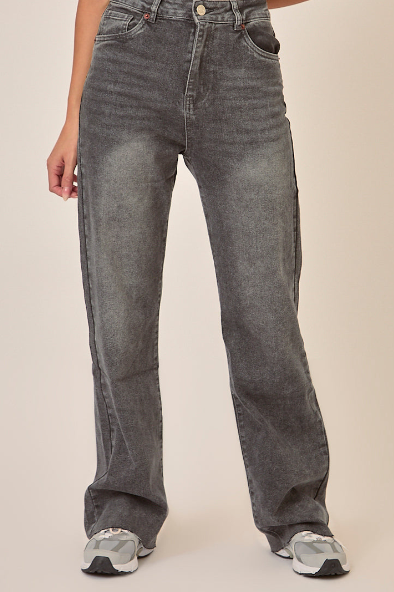 Washed Grey Stretch Straight Leg Frayed Hem Jeans - Scarlett