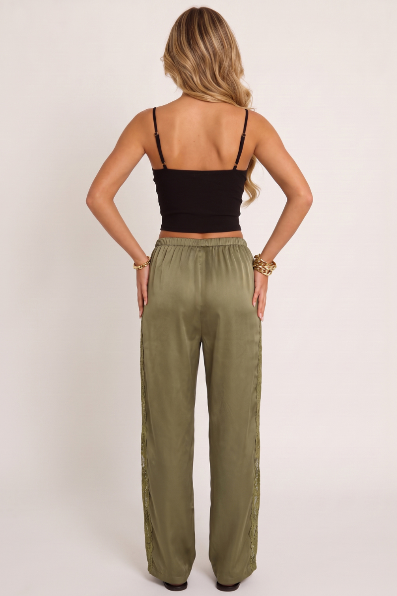 Khaki Lace Satin Trousers - Suzie