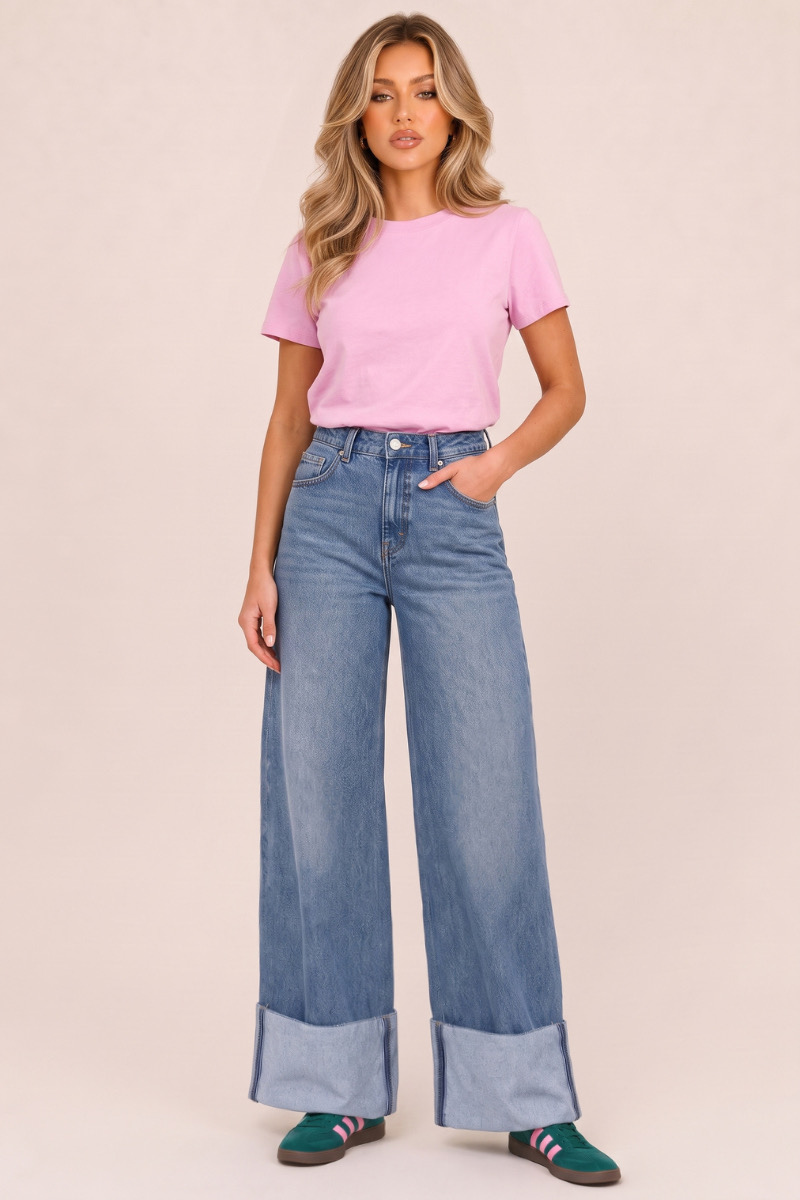 Mid Blue Mid Waist Stretch Denim Turn Up Wide Leg Jeans - Sharlene