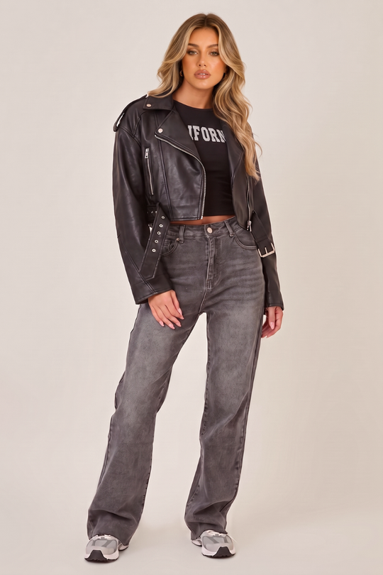 Washed Grey Stretch Straight Leg Frayed Hem Jeans - Scarlett