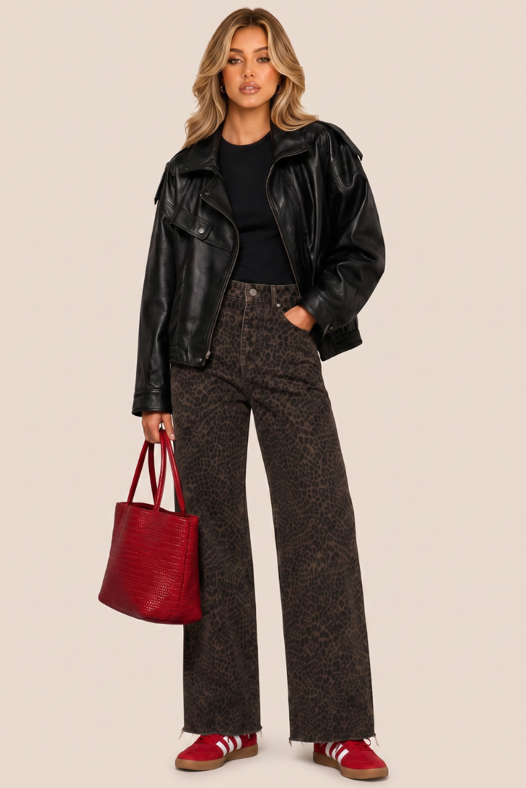 Dark Brown Leopard Print Wide Leg Denim Jeans - Aila