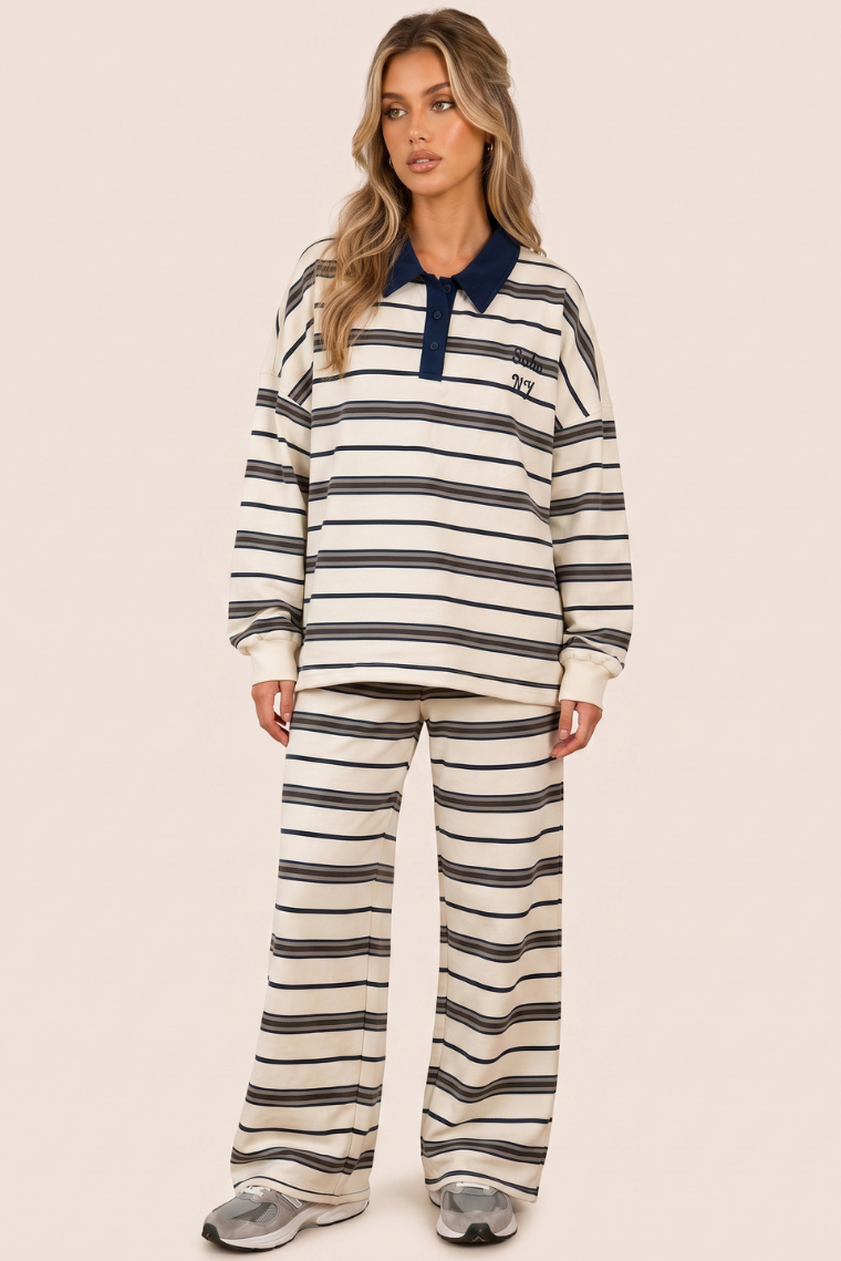 Cream Stripe Button Front Long Sleeve Collared Jumper and Jogger Loungewear Co-ord Set - Theresa