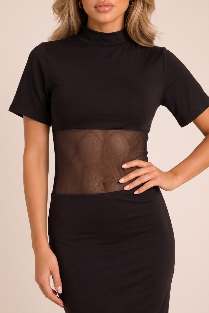 Black High Neck Mesh Insert Maxi Dress - Angelo