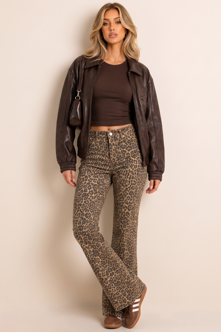 Brown Leopard Print Wide Leg Denim Jeans - Clementine
