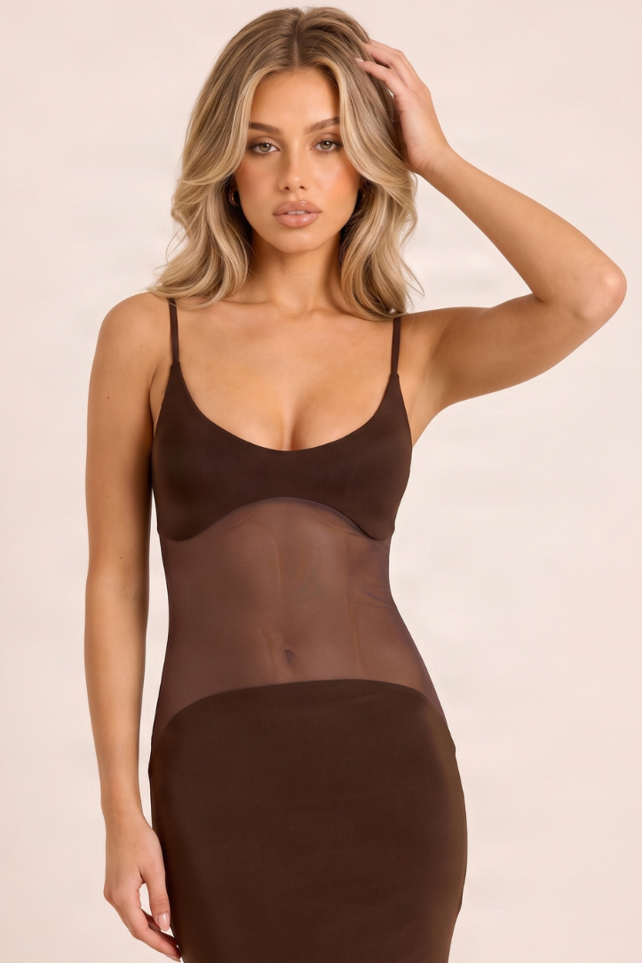 Chocolate Mesh Insert Maxi Dress - Nole