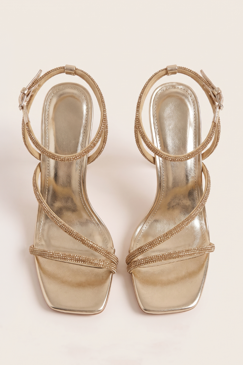 Gold Diamante Detail Strappy Heels - Damika