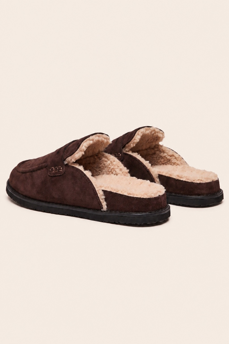 Chocolate Faux Suede Faux Fur Lined Loafer Mules - Brynn