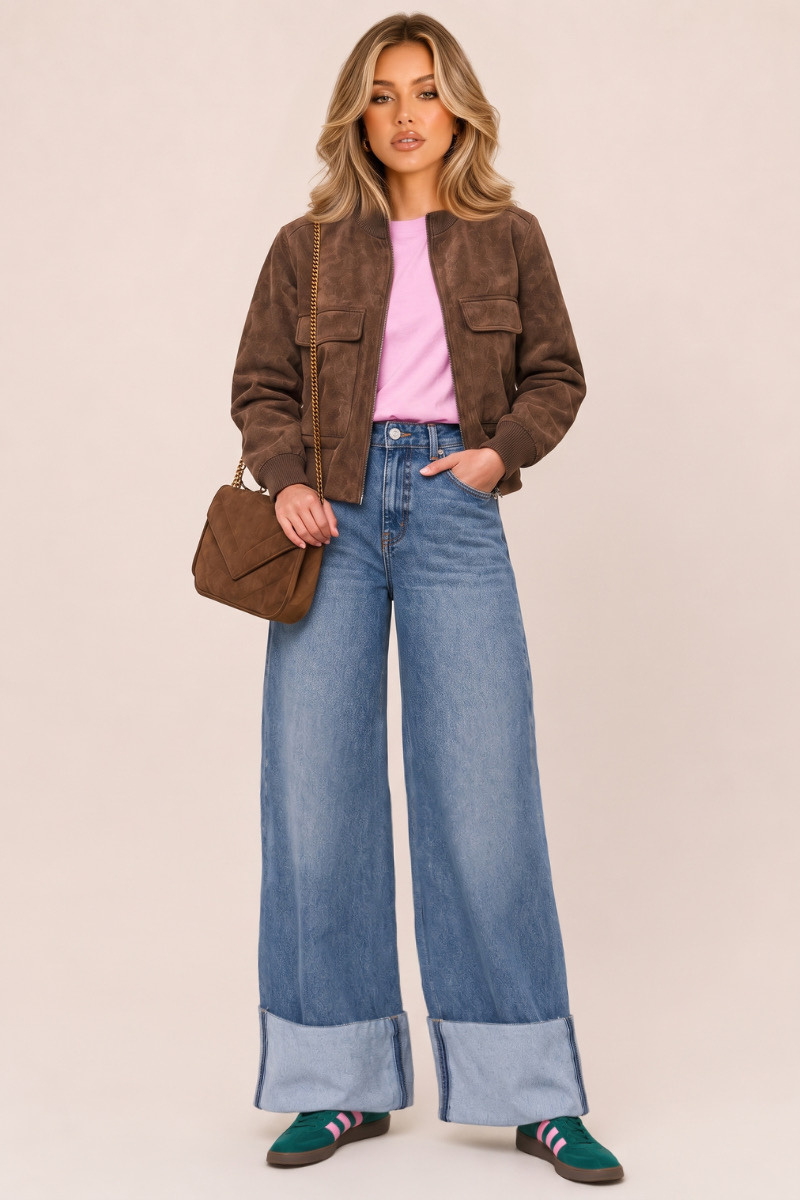 Mid Blue Mid Waist Stretch Denim Turn Up Wide Leg Jeans - Sharlene