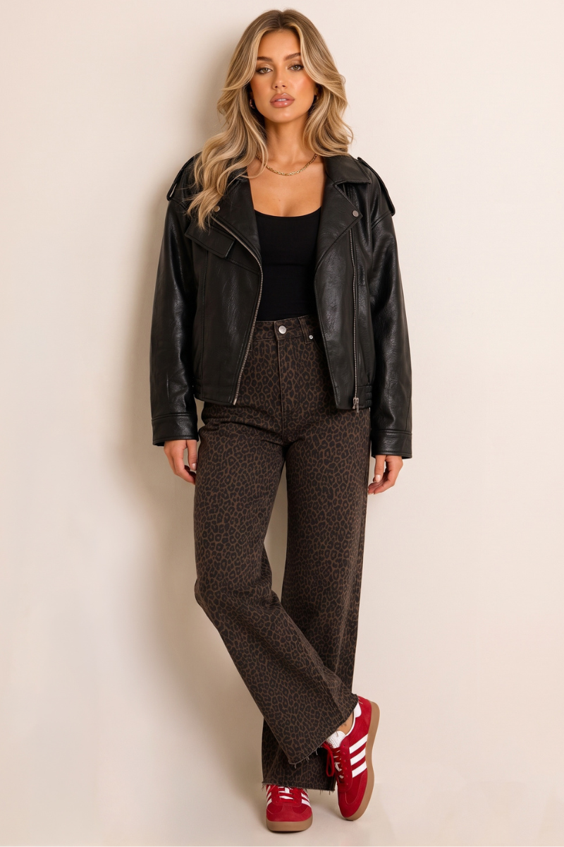 Dark Brown Leopard Print Wide Leg Denim Jeans - Aila