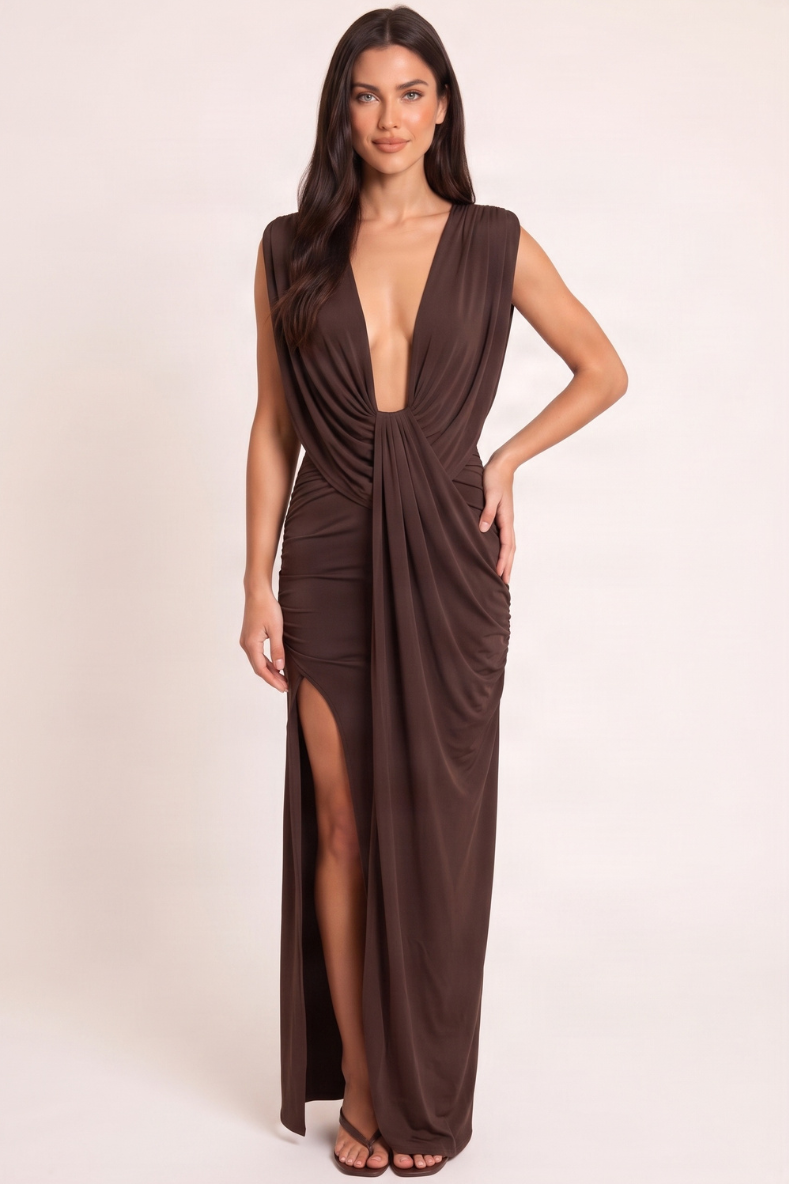 Chocolate Draped Split Front Maxi Dress - Raelyn